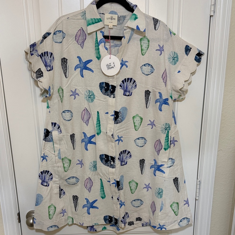 Umgee Cream Button-Front Seashell Print Shirt Dress with Pockets